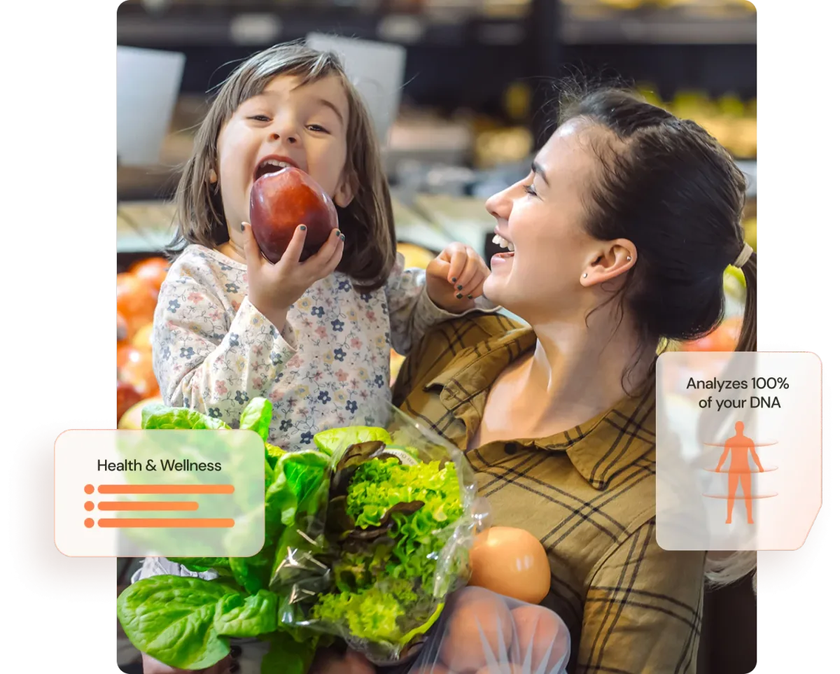 Parent and child choosing fresh produce — health, wellness, and DNA Complete
