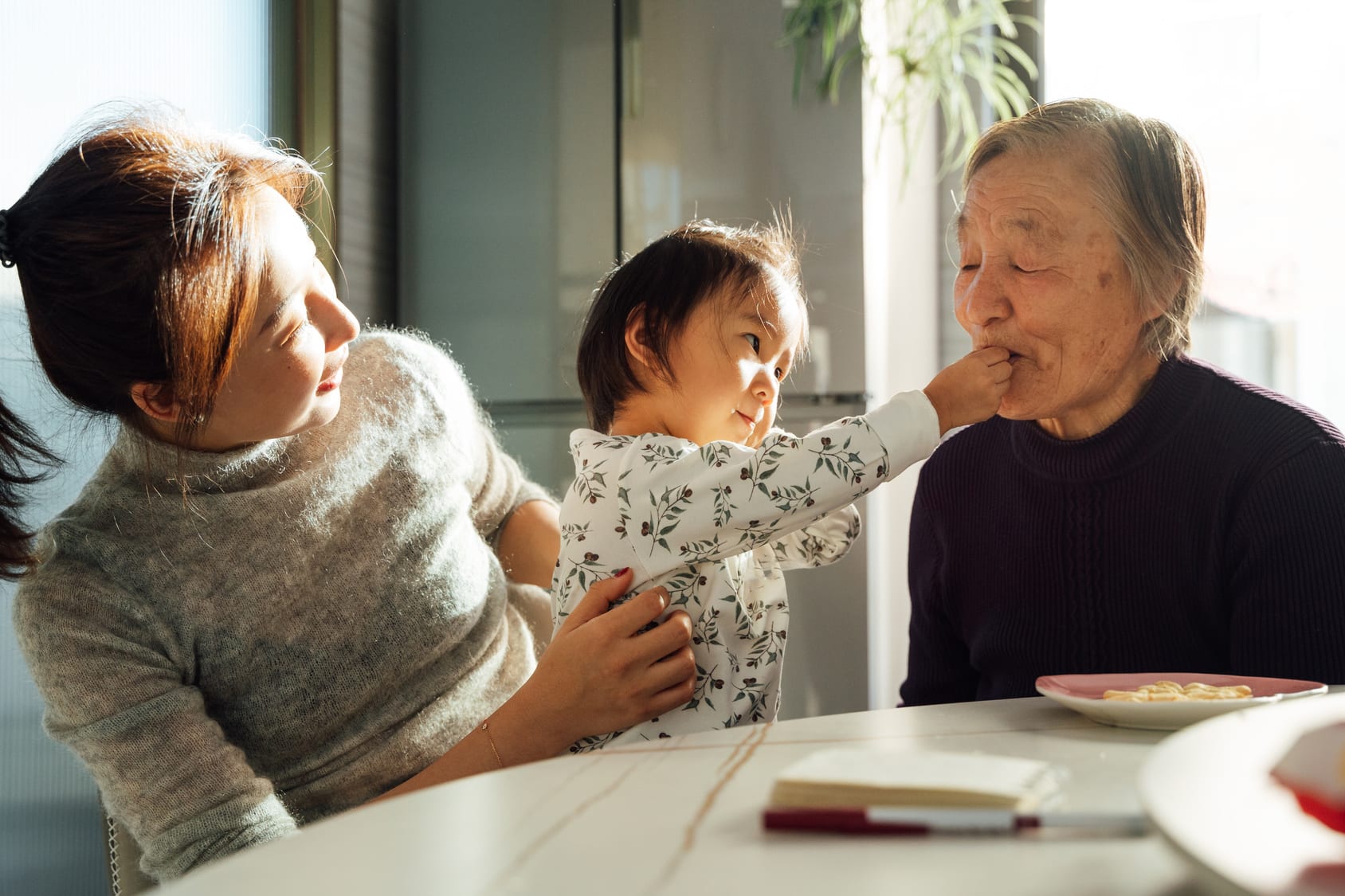 Family in a sunlit home — three generations sharing a moment together